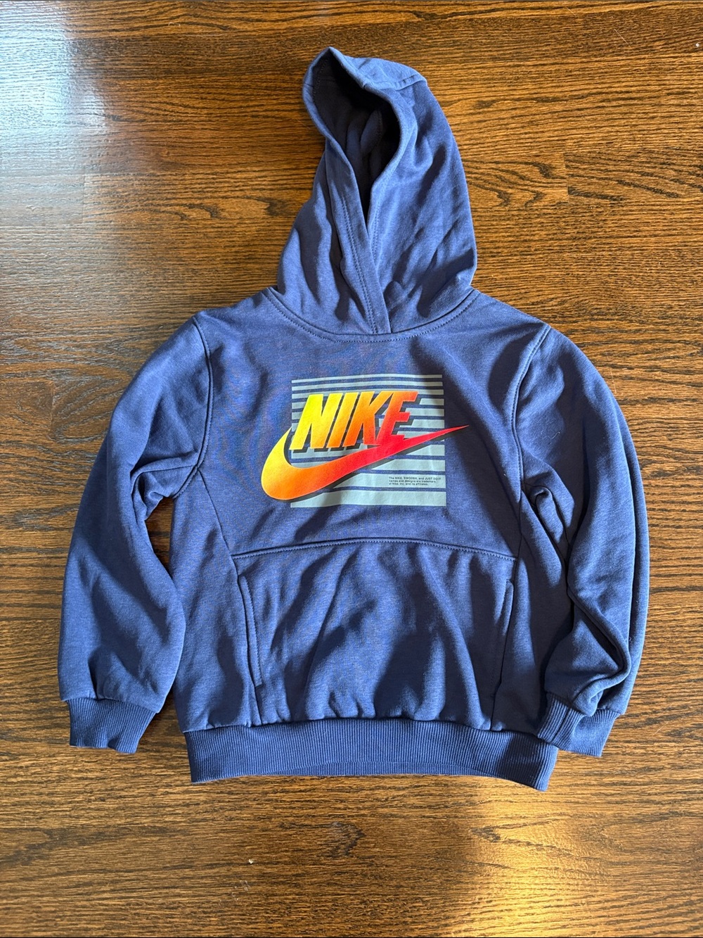 Nike Blue Kids Hooded Sweatshirt with Yellow-Red Gradient Swoosh